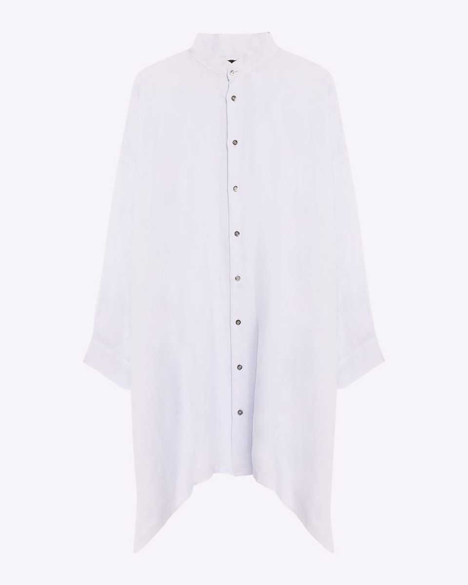 Wide A-line Collarless Linen Shirt (Very Long Length) with Slits